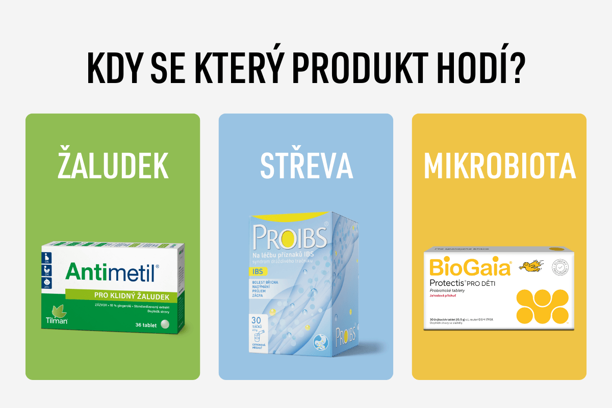 Základní informace o produktech Antimetil®, PROIBS® a BIOGAIA® pro podporu trávení.